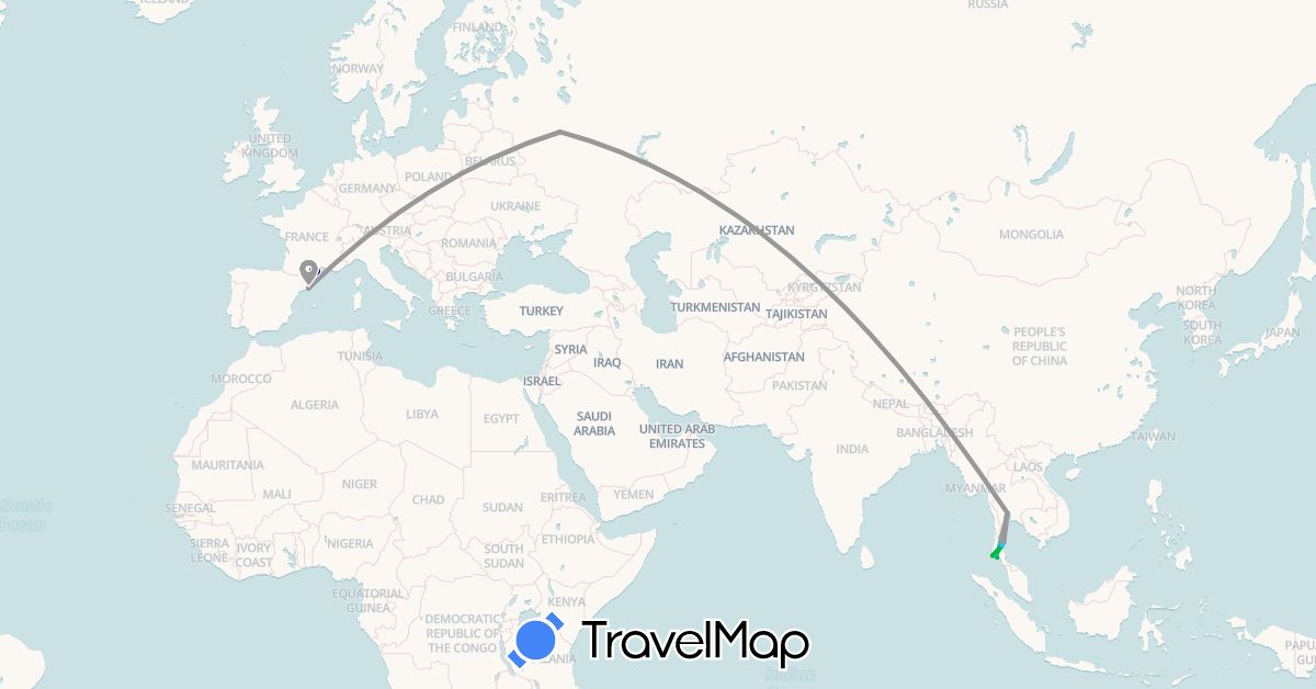 TravelMap itinerary: driving, bus, plane, boat in Spain, France, Russia, Thailand (Asia, Europe)