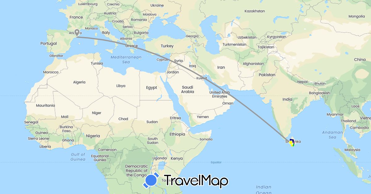 TravelMap itinerary: driving, bus, plane, train, tuc tuc, tuc tuc in Spain, Sri Lanka (Asia, Europe)